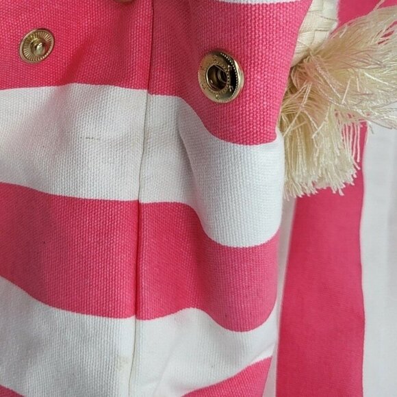 Victorias Secret Pink White Stripe Canvas Take Me To The Beach Tote Rope Handles - Picture 7 of 11
